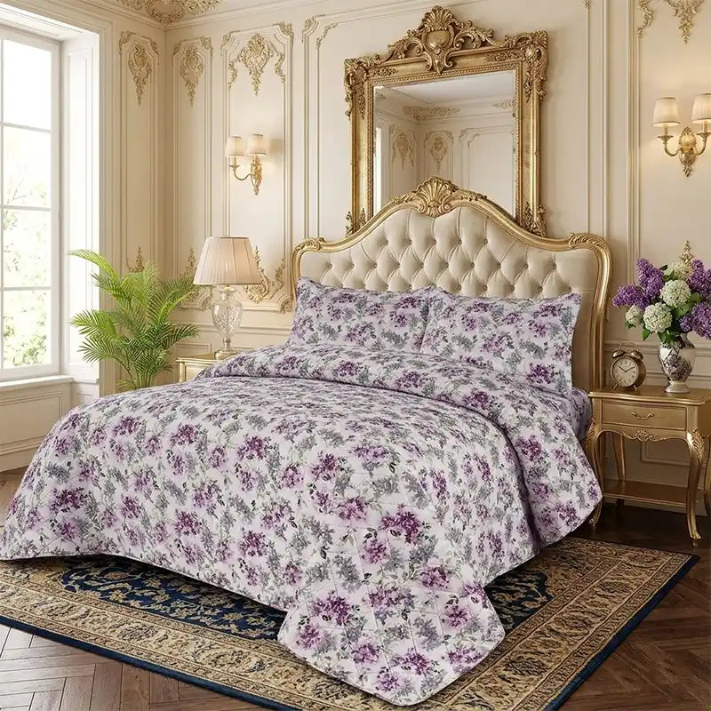 Premium Lilac Quilted Printed Bedspread Set - PQS05