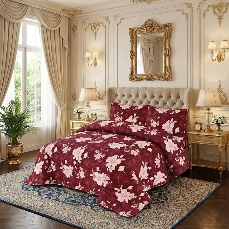 Premium Burgundy Quilted Printed Bedspread Set - PQS09