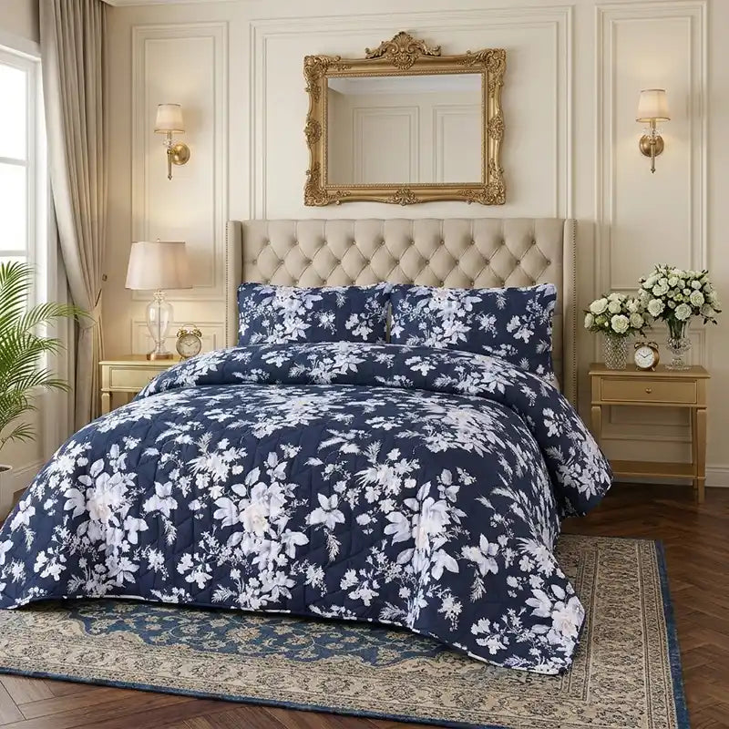 Premium Indigo Quilted Printed Bedspread Set - PQS27