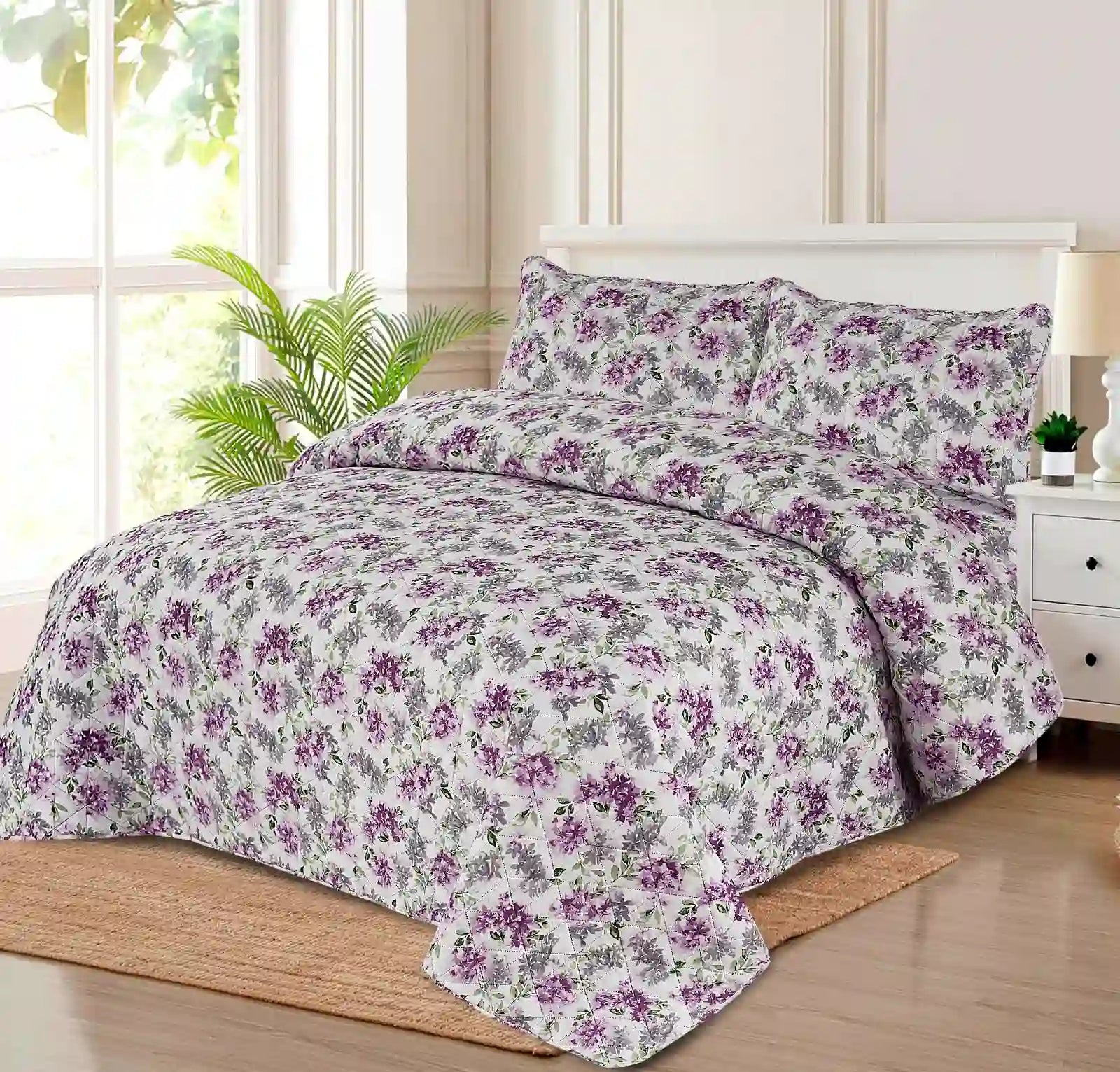 Premium Lilac Quilted Printed Bedspread Set - PQS05