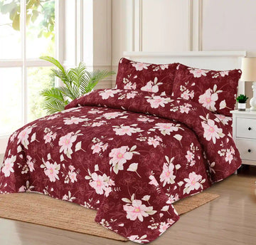 Premium Burgundy Quilted Printed Bedspread Set - PQS09