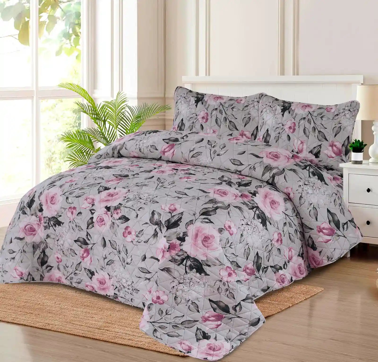 Premium Dusty Rose Quilted Printed Bedspread Set - PQS10
