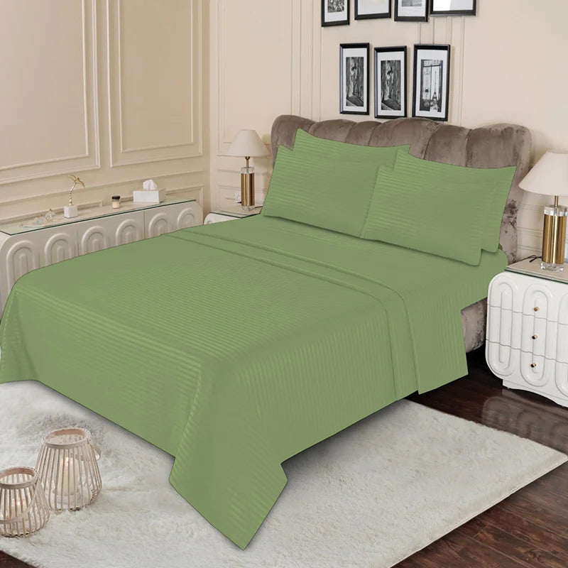 Luxury  Olive Green Stripe - Bed Sheet Set - 3 Pcs
