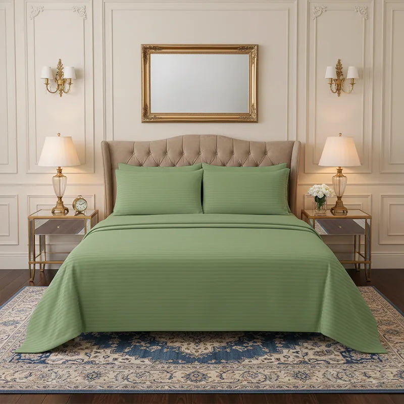 Luxury  Olive Green Stripe - Bed Sheet Set - 3 Pcs